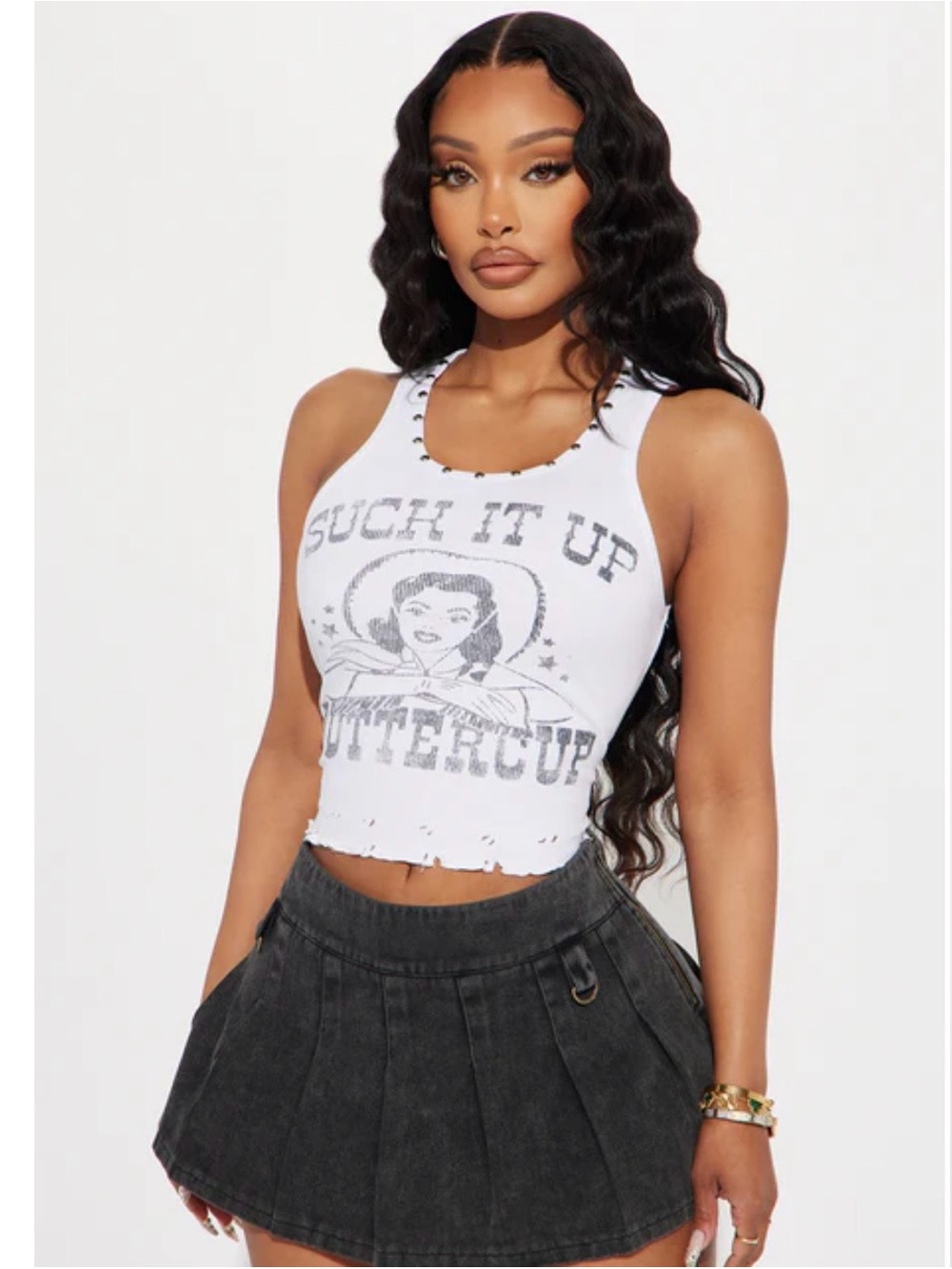 White Graphic Distressed Crop Tank Top with Pin Up